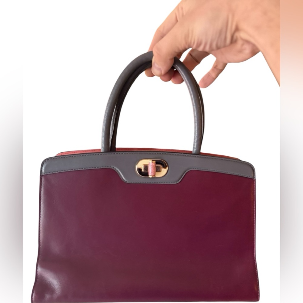 BVLGARI Isabella Rossellini Icona 10 Bordeaux Grey Leather Tote Handbag